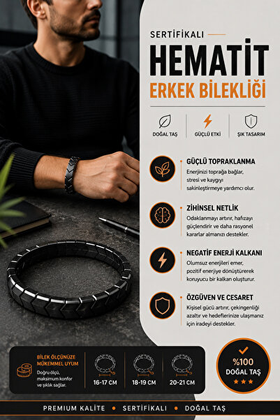 Saff Doğal Taş Hematit Erkek Bileklik 3