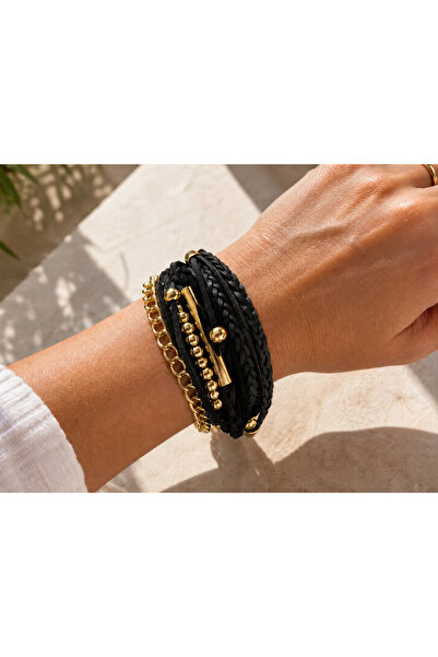 Kutcha Accessories Siyah Süet Ve Gold Çoklu Kadın Bileklik
