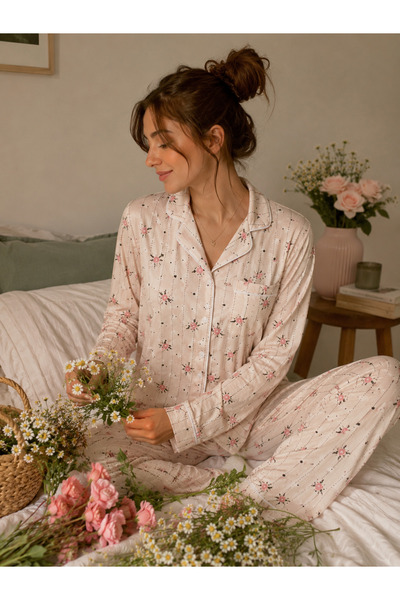 Luxora Ahise Butik Kadın Milan Kumaş Uzun Kollu Pijama Takımı – Çiçek Desenli