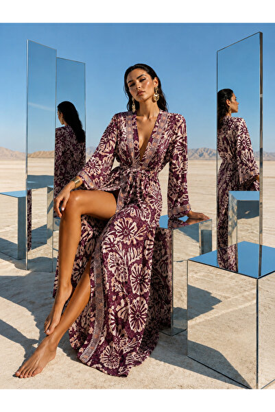 laviyonsa Halat lung din mătase cu imprimeu și caftan tip kimono