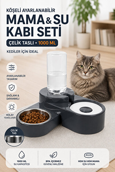 Miapet Köşeli Ayarlanabilir Hazneli Çelik Taslı Kedi-köpek Mama Ve Su Kabı Se...