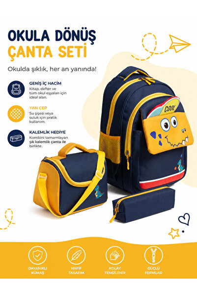 MİECZ BAGS Sevimli Dinazor Figürlü Kapaklı Modern Çok Gözlü İlkokul Kız & Erk...