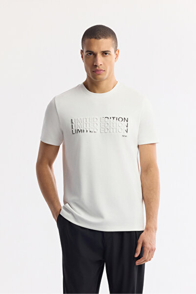 Avva Tricou alb pentru bărbați, cu decolteu rotund, imprimat, bi-stretch, int...