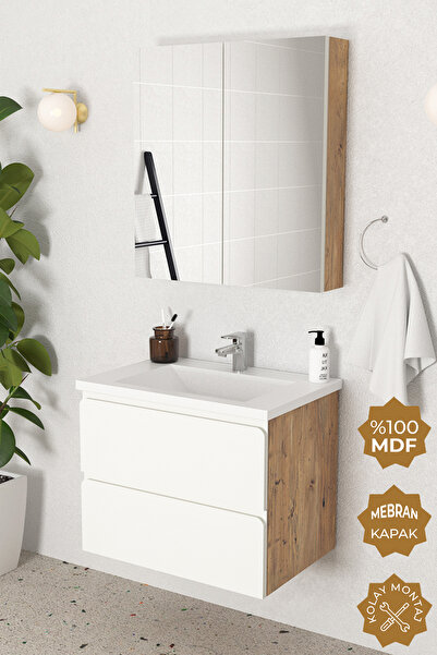 TETA HOME Granada 65 cm MDF Gövde Membran Kapak Banyo Dolabı Seti