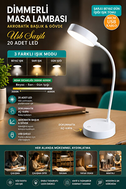 nextbuy Şarjlı Masa ve Gece Lambası Akrobat Dokunmatik 3 Renk Aydınlatma Dimm...