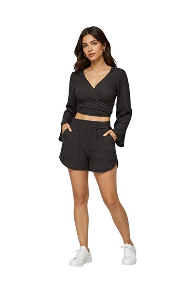 estewoman Set de 2 pantaloni scurți din bumbac cu legături din muselină - 100...