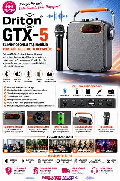 DRİTON GTX-5 EL MİKROFONLU TAŞINABİLİR PORTATİF BLUETOOTH HOPARLÖR