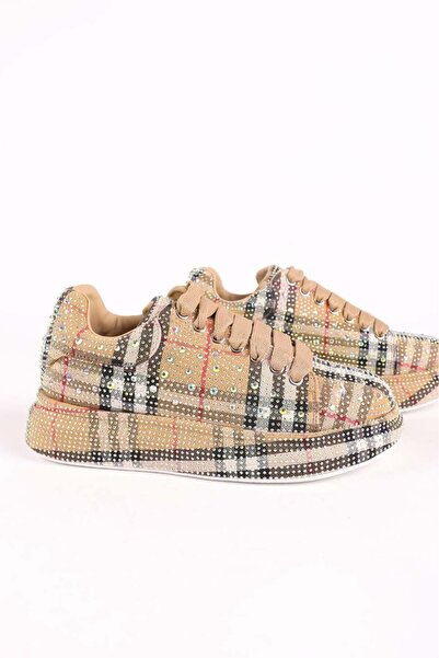Hayati Arman Guja Kadın Bağcıklı Taş Detaylı Sneaker Camel