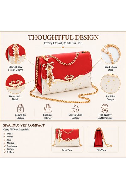 Generic Elegant Women's Crossbody Bag - PU Leather Shoulder Handbag with Gold Chain Strap | Stylish Ladies Purse for Travel, Office & Daily Use | Lightweight Zip Closure | RED