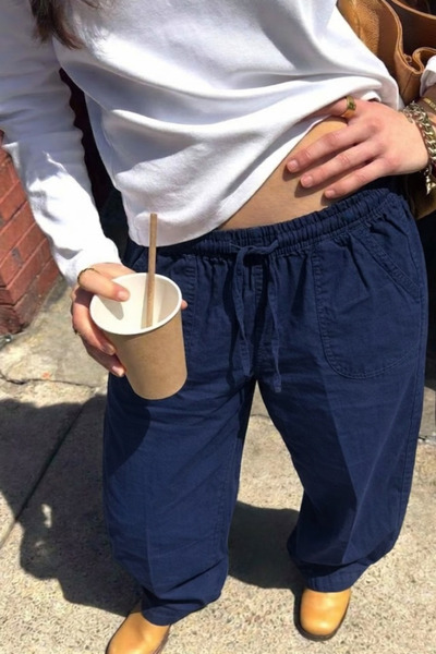 DAMGA JEANS بنطلون نسائي فضفاض مناسب للصيف من الكتان باللون الأزرق الداكن