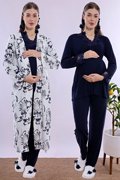 ByLohusa Set de pijama de maternitate Effortt bleumarin cu halat de toaletă