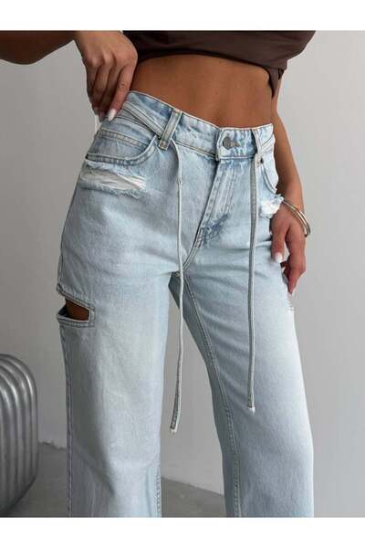 HerTon Women's High Waist Wide Leg Denim Trousers with Cut-Out Detail