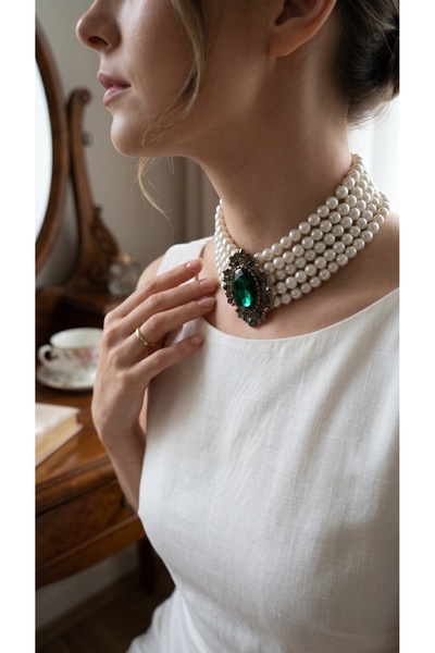 FAYRA ACCESSORIES Kristal Taşlı Chooker Tasma İnci Kolye