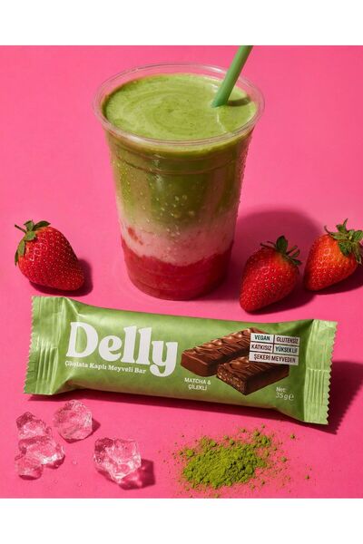 Delly 12 Adet Çikolata Kaplı Matcha & Çilekli Meyveli Bar 35 g