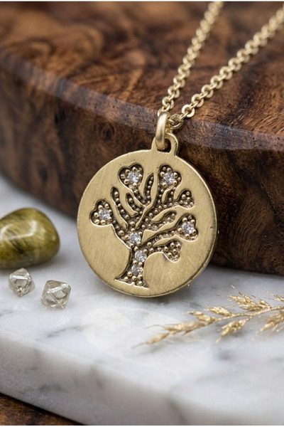 NBS Beautiful Naturel Stones قلادة شجرة الحياة مرصعة بحجر الزركون - مطلية بال...
