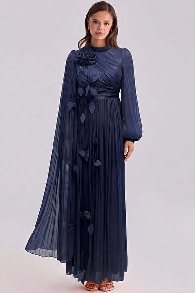Olcay Brooch Detailed Cape Yoryo Silk Hijab Evening Dress K. Indigo 1256