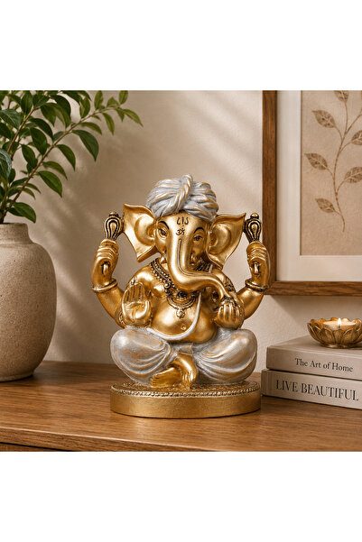 HOME AURAA تمثال غانيشا صغير - ذهبي ورمادي - 13.4×10.8×8 سم