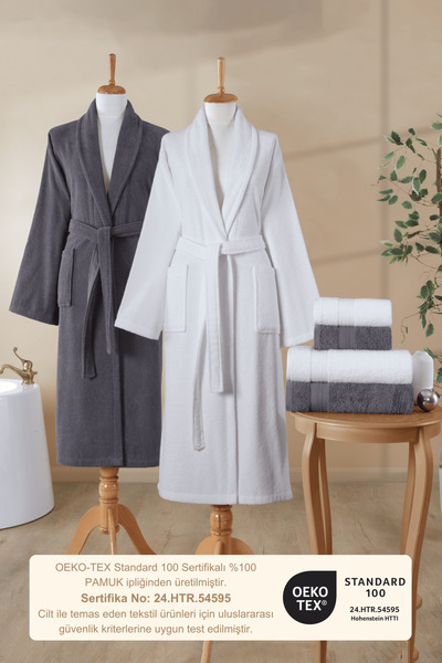 Ellaline 6 Piece Bathrobe Set 100% Cotton Certified, Family Bathrobe Set |   Dowry |   White - Anthracite