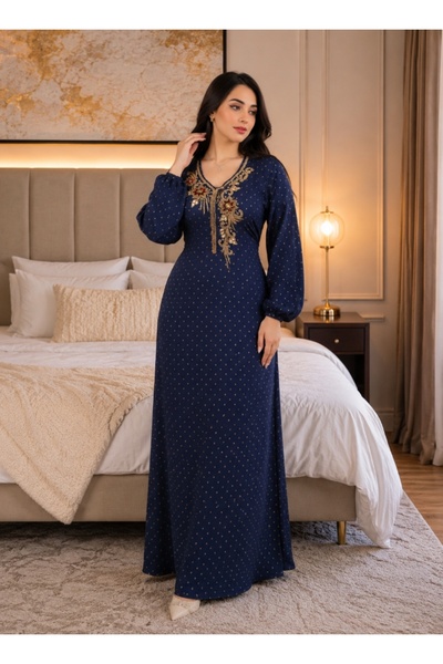 amaan Women's Modern Jalabiya Dress, Embroidered Gold Beaded Details, Polka D...