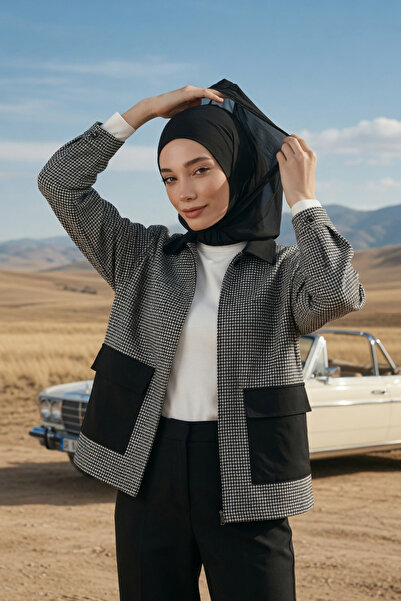 Aisha's Design Boyun Kapatıcı Özellikli Şifon Kapşonlu Penye Bone,B-95,Siyah-...
