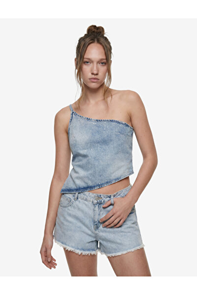 Koton Bluză asimetrică din denim, confortabilă, cu detalii din piatră, din bu...
