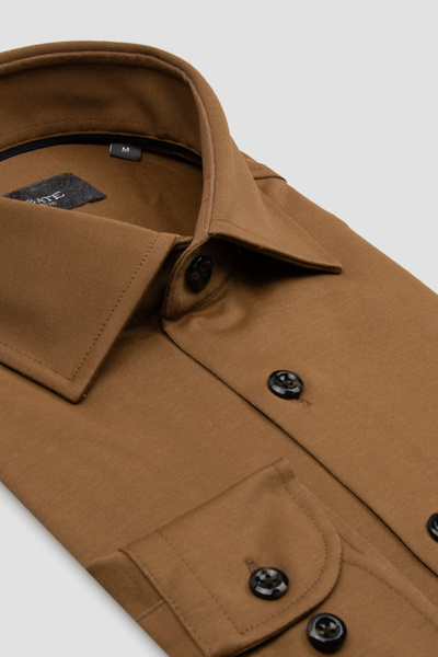 Abbate Floransa Dokuma Rayon Karışımlı Comfort Fit Açık Kahverengi Klasik Yaka Erkek Düz Gömlek