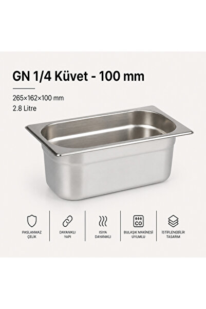 Natsan Paslanmaz Çelik Gastronom/gastronorm Küvet Gn 1/4-100 (26,5 X 16,2 X 1...