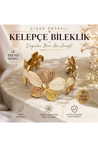 Lusha Fiorella Altın Renk Çiçek Motifli Hasır Kelepçe Bileklik Kadın Pirinç B...