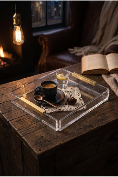 Pingolo Flat Handle Matte Gold Transparent Acrylic Plexi Tray (1 Piece)