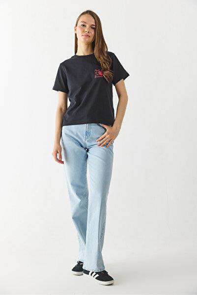 VENA Women's Stone Detailed T-Shirt 100% Cotton - Black