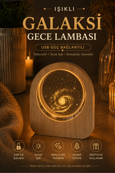 BENT Galaksi Desenli Işıklı Gece Lambası Ahşap Tabanlı USB Bağlantılı Dekorat...