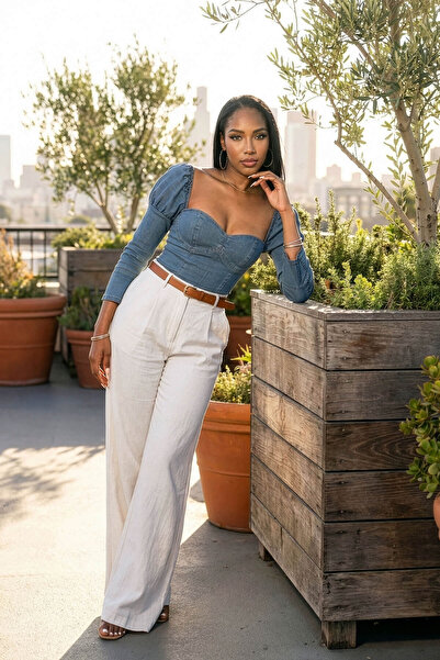BANNY JEANS Bustieră din denim albastru deschis cu mâneci pepene verde