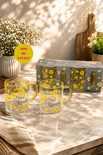 İnterlife Papatya Desenli Cam Kupa Bardak 400 ML 2’li Set | Good Morning Yazı...
