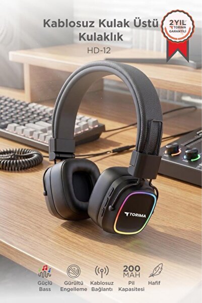Torima Bluetooth Kulaklık Rgb Işıklı Güçlü Bas Kulak Üstü Kablosuz Kulaklık H...