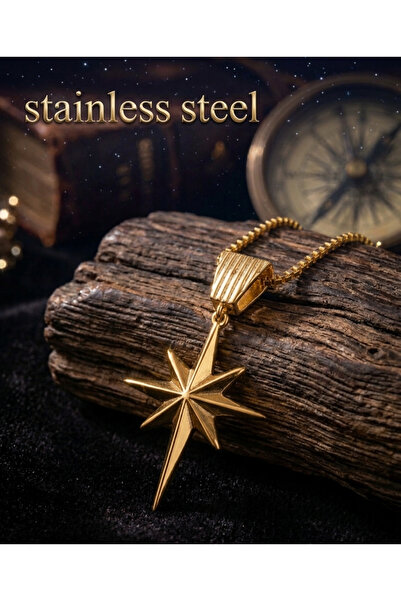 stainless steell قلادة من الفولاذ بسلسلة مصعد على شكل نجمة القطب باللون الذهبي