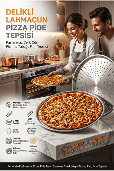 Transformacion 2'li Battal Boy Delikli Pizza Tepsisi, 36 cm Paslanmaz Çelik L...