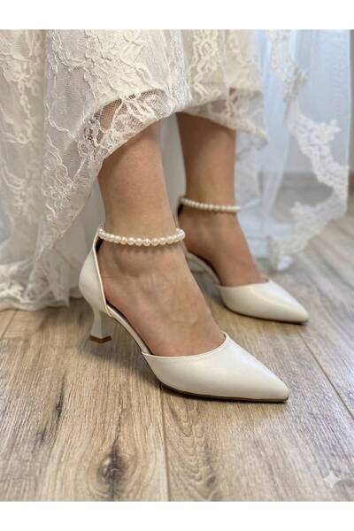 LİNEER Kadın Kırık Beyaz Rahat 5 cm Kadeh Topuklu İncili Stiletto Gelin Ayakk...