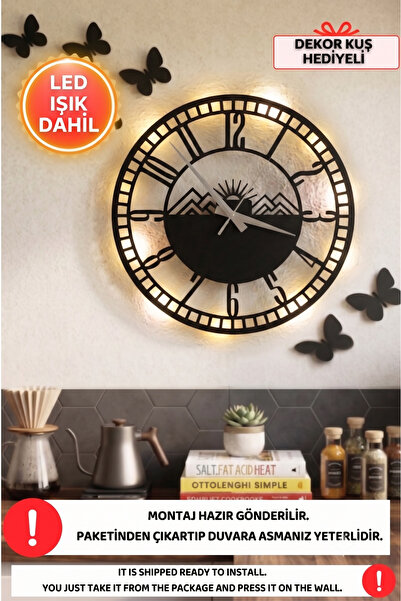 Dekorvin Led Işıklı Modern Mutfak Duvar Saati Sessiz Dekoratif Modern Siyah A...