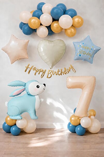 Patladı Gitti Blue Rabbit Themed 7Th Birthday Balloon Set