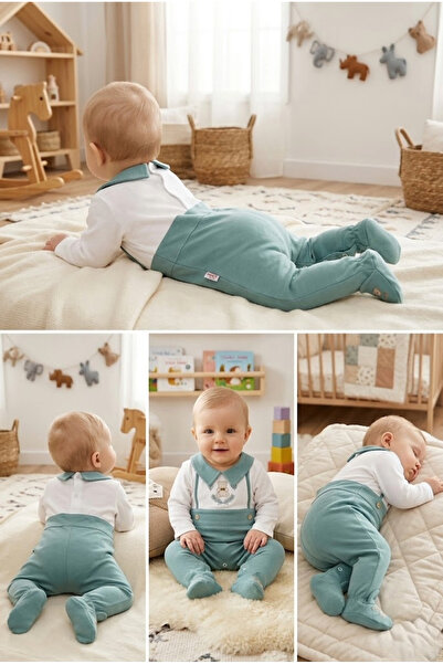 meyastore Baby Boy Romper with Booties and Teddy Bear Embroidery