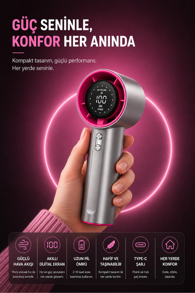 KETENOFFİCİAL Şarjlı Dijital Göstergeli Mini El Fanı Taşınabilir Mini Vantilatör