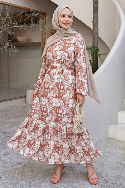 InStyle Rochie din viscoză cu model palmier și somon