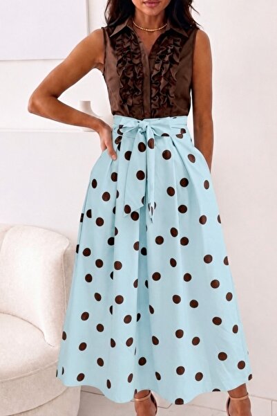 FashionForYou Κομψή φούστα πουά NOELIA, με φιόγκο στη μέση και τσέπες, σε γαλ...