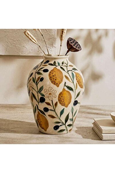 PAN HOME Yuzu Stoneware Lemon Handpainted Vase 25x25x34.5cm - Cream
