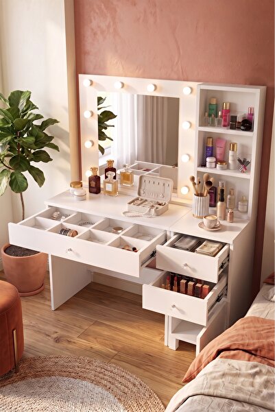 Yurudesign Monroe Makyaj Masası 3 Çekmece Kapaklı Düzenleyici Hollywood Led I...