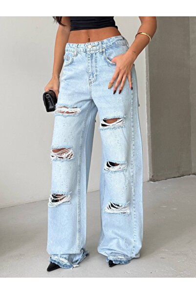 HerTon Kadın Çoklu Yırtık Detaylı Wide Leg Jean - %100 Pamuk Full Distressed ...