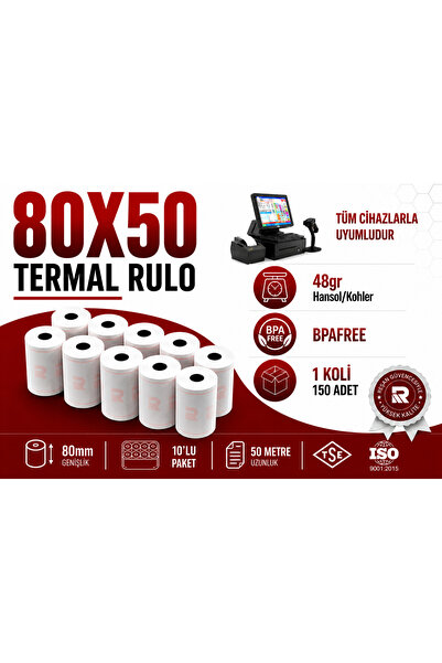 80x50 Termal Rulo Yazar Kasa, Pos, Adisyon, Bilgi Fişi, Yazıcı Rulosu 10 Adet.