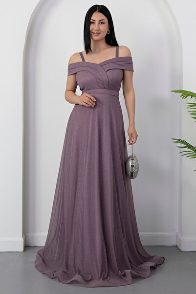 PULLIMM Rochie de seară lungă din tul cu sclipici cu bretele 13278
