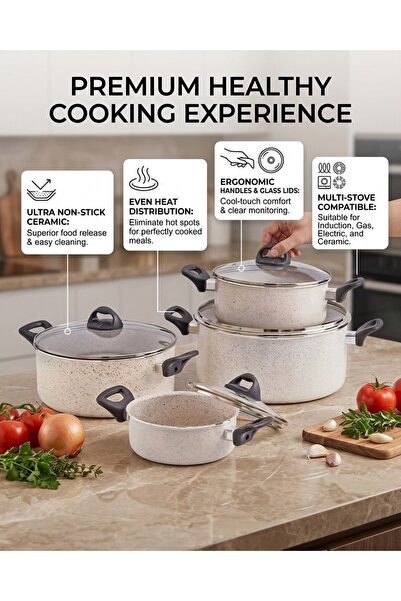 Trust Pro Trust Granite Non-Stick Cookware Set - 8 Piece Creamy White Cassero...