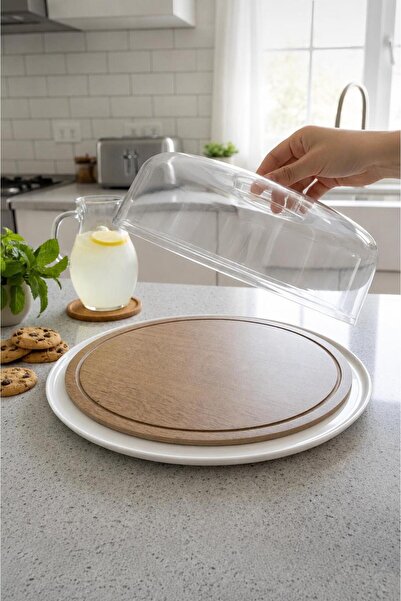 Tercih Home Ahşap Stand Akrilik Kap Büyük Kek Fanus (STAND 31.5/KAP 30CM)